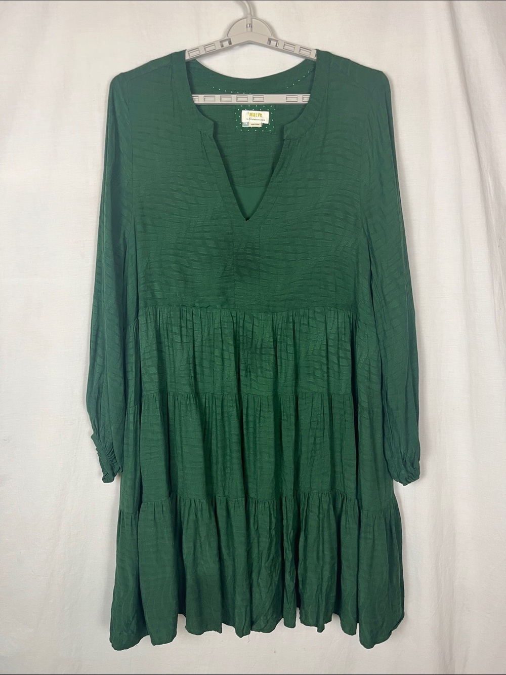 Maeve by Anthropologie Green V Neck 3/4 Sleeve Tiered Midi Dress